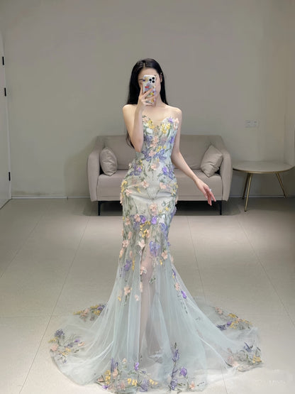 Princess Mermaid Sweetheart Lace Floral Long Prom Dress Fashion Aesthetic For Teens Formal Dresses Party Outfits Prom Gown AB2221