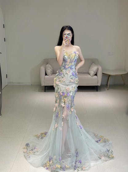 Princess Mermaid Sweetheart Lace Floral Long Prom Dress Fashion Aesthetic For Teens Formal Dresses Party Outfits Prom Gown AB2221