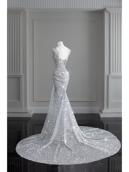 Modest Mermaid Square Neck Sequins With Beaded Silver Gray Prom Dresses Inspiration Long Party Evening Dress 19th Birthday Outfits AB2276