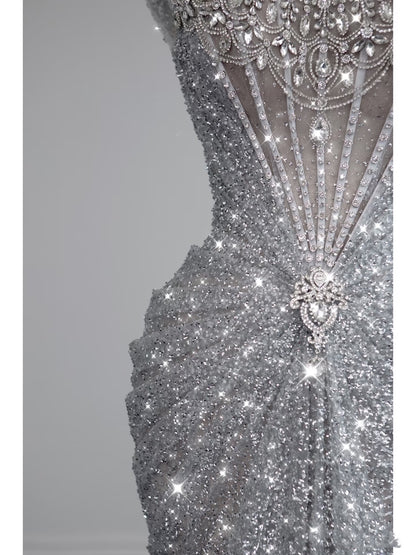 Modest Mermaid Square Neck Sequins With Beaded Silver Gray Prom Dresses Inspiration Long Party Evening Dress 19th Birthday Outfits AB2276
