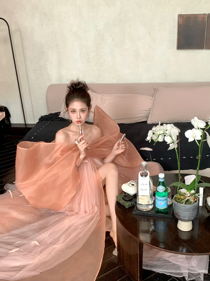 Modest Ball Gown Off The Shoulder Coral Pink With Long Sleeves Bow Prm Dress Aesthetic Long Graduation Evening Outfits N065
