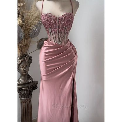 Pink Mermaid Prom Dresses Side Split Spaghetti Straps Sexy Special Dress Lace Appliques Crystals Beaded Party Gowns AB345