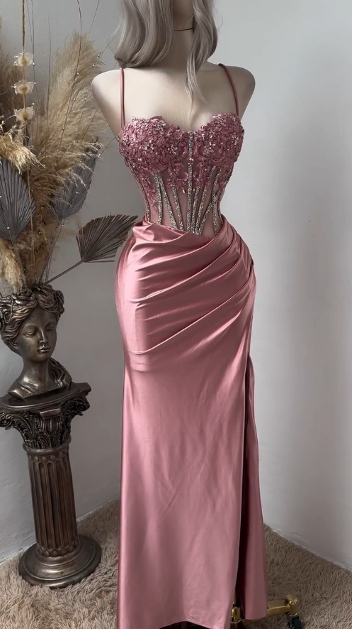 Pink Mermaid Prom Dresses Side Split Spaghetti Straps Sexy Special Dress Lace Appliques Crystals Beaded Party Gowns AB345