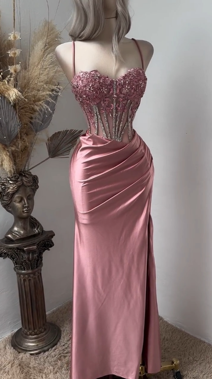Pink Mermaid Prom Dresses Side Split Spaghetti Straps Sexy Special Dress Lace Appliques Crystals Beaded Party Gowns AB345