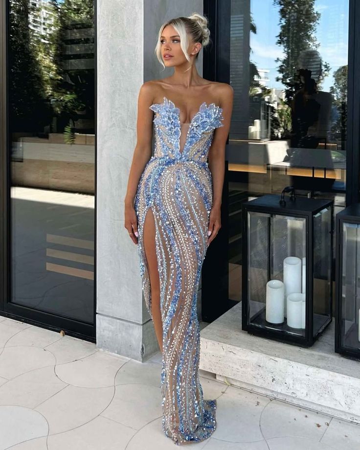 Gorgeous Mermaid Sweetheart Blue Slit Sequins Beaded Bodice Prom Dresses Long Formal Party Gown AB366