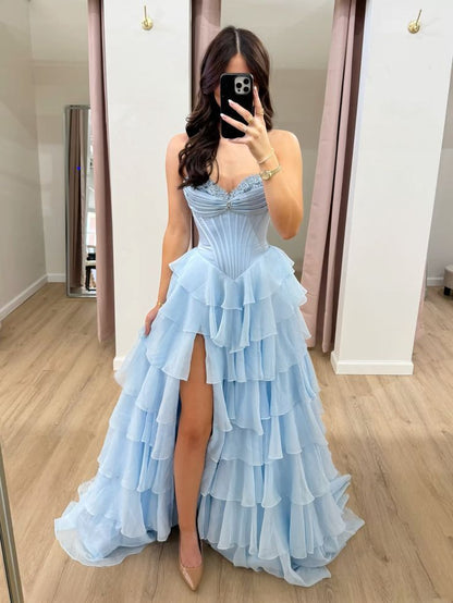 Attractive Ball Gown Basque Waist Corset Ruffle Blue Slit Prom Dresses AB377