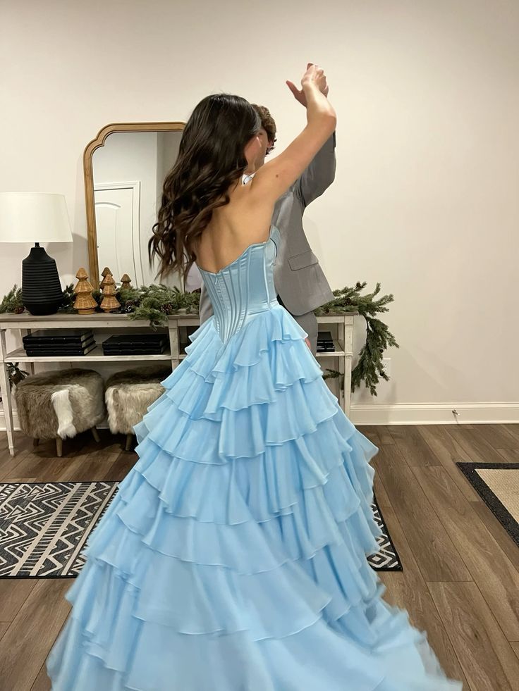 Attractive Ball Gown Basque Waist Corset Ruffle Blue Slit Prom Dresses AB377