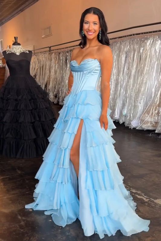 Attractive Ball Gown Basque Waist Corset Ruffle Blue Slit Prom Dresses AB377