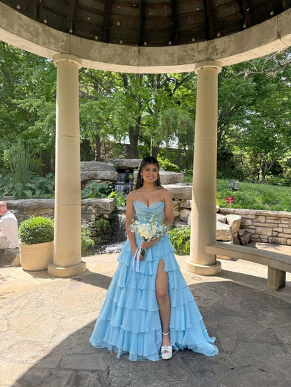 Attractive Ball Gown Basque Waist Corset Ruffle Blue Slit Prom Dresses AB377