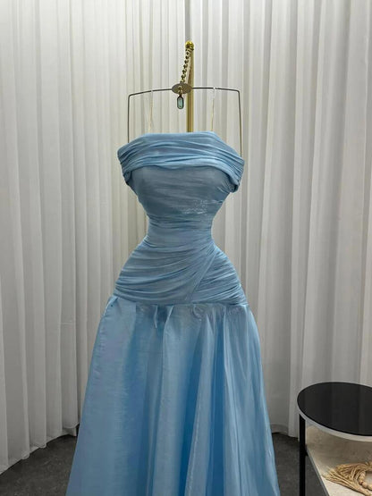 Gorgeous Chic Blue Strapless Sleeveless A Line Long Prom Dresses With Pleated Formal Gowns AB393