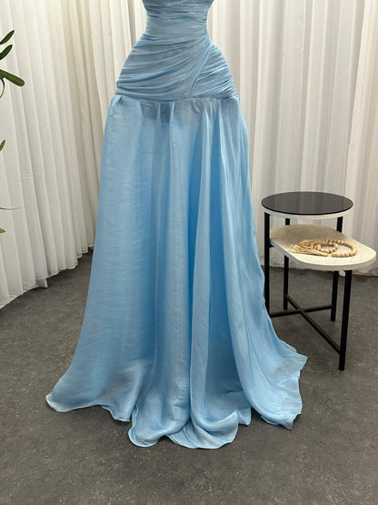 Gorgeous Chic Blue Strapless Sleeveless A Line Long Prom Dresses With Pleated Formal Gowns AB393