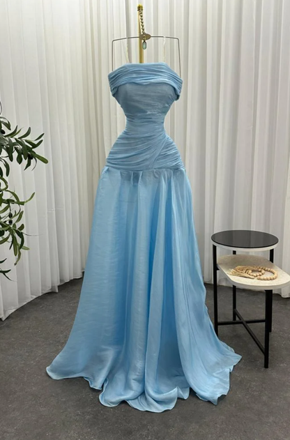 Gorgeous Chic Blue Strapless Sleeveless A Line Long Prom Dresses With Pleated Formal Gowns AB393