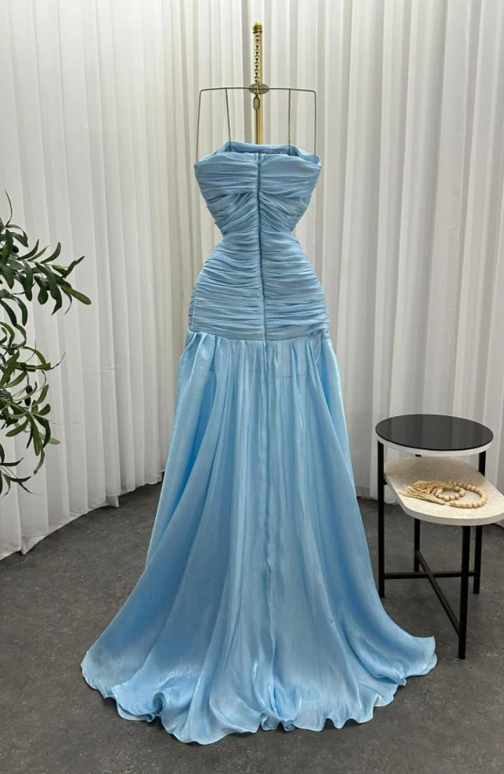Gorgeous Chic Blue Strapless Sleeveless A Line Long Prom Dresses With Pleated Formal Gowns AB393