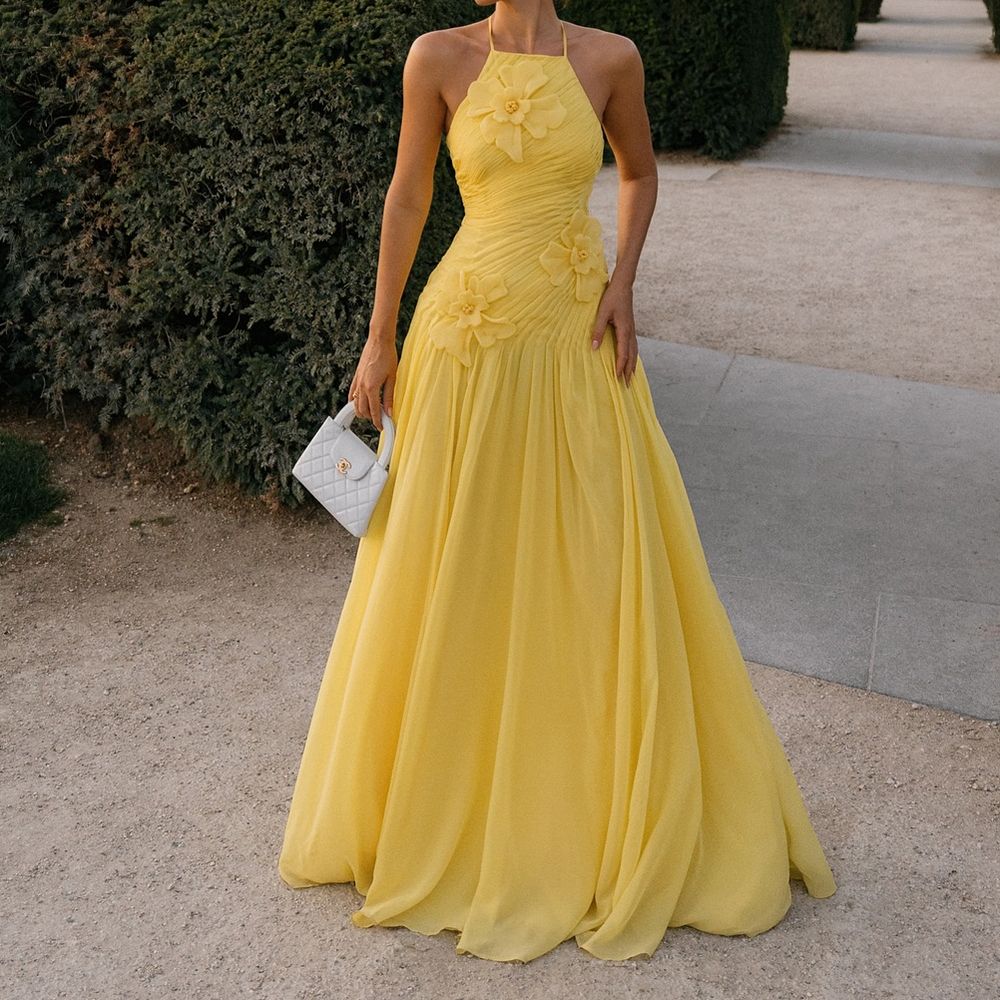 Elegant A line Halter Yellow Prom Dresses Chiffon Pleated Ruffle Formal Evening Dress Party Gowns AB416