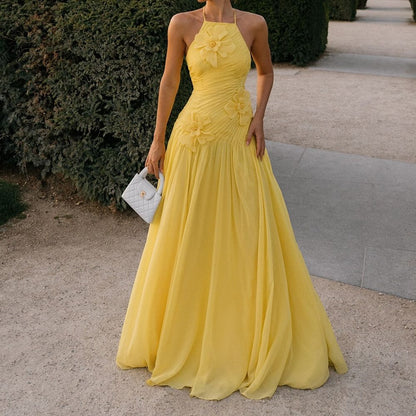 Elegant A line Halter Yellow Prom Dresses Chiffon Pleated Ruffle Formal Evening Dress Party Gowns AB416