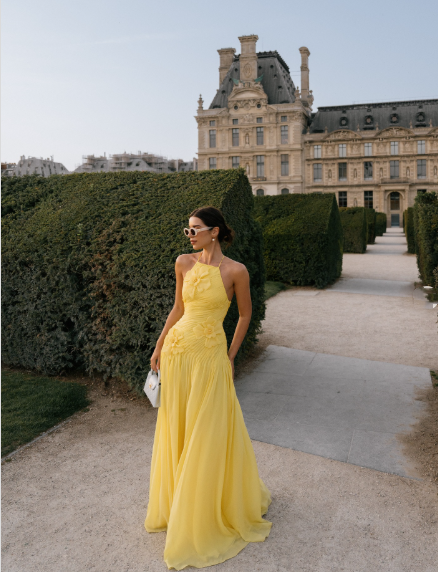 Elegant A line Halter Yellow Prom Dresses Chiffon Pleated Ruffle Formal Evening Dress Party Gowns AB416