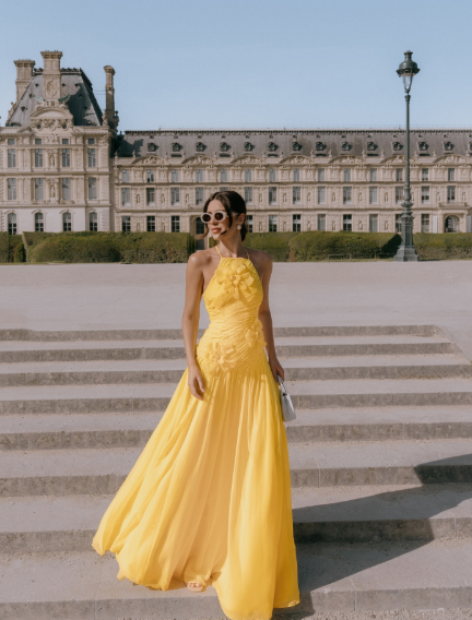 Elegant A line Halter Yellow Prom Dresses Chiffon Pleated Ruffle Formal Evening Dress Party Gowns AB416