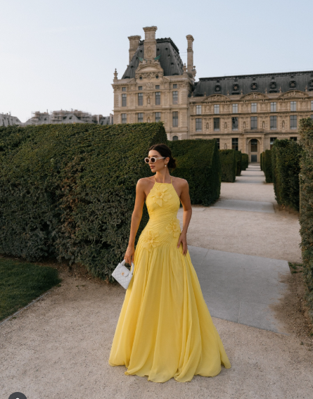 Elegant A line Halter Yellow Prom Dresses Chiffon Pleated Ruffle Formal Evening Dress Party Gowns AB416