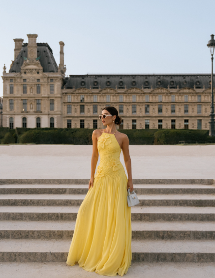 Elegant A line Halter Yellow Prom Dresses Chiffon Pleated Ruffle Formal Evening Dress Party Gowns AB416