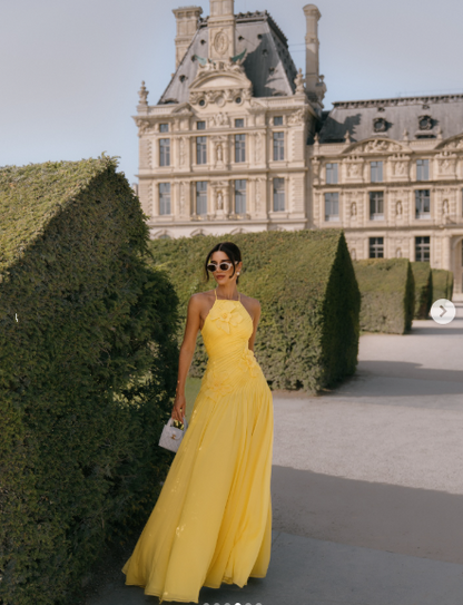 Elegant A line Halter Yellow Prom Dresses Chiffon Pleated Ruffle Formal Evening Dress Party Gowns AB416