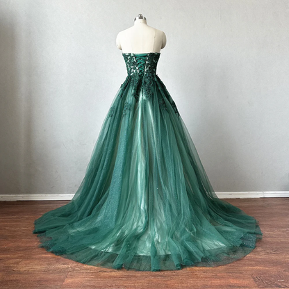 Chic A line Sweetheart Green Lace Long Prom Dress Evening Formal Gowns AB459