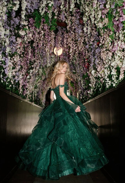 Modest Ball Gown Off The Shoulder Tulle Lace Appliqued Dark Green Long Prom Dress Evening Formal Gowns AB469