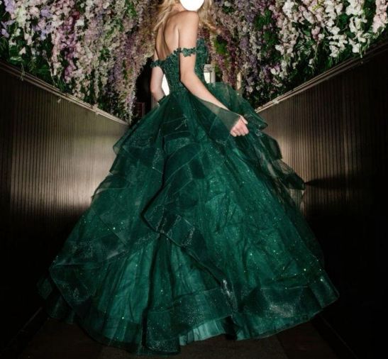 Modest Ball Gown Off The Shoulder Tulle Lace Appliqued Dark Green Long Prom Dress Evening Formal Gowns AB469