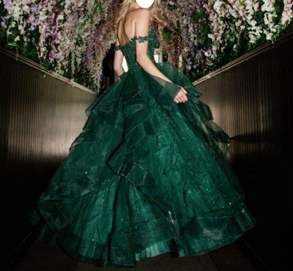 Modest Ball Gown Off The Shoulder Tulle Lace Appliqued Dark Green Long Prom Dress Evening Formal Gowns AB469