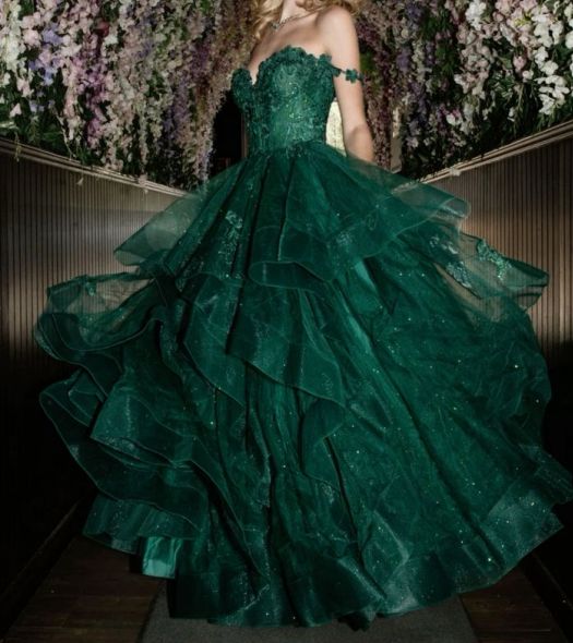 Modest Ball Gown Off The Shoulder Tulle Lace Appliqued Dark Green Long Prom Dress Evening Formal Gowns AB469