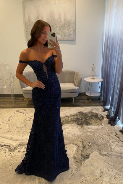 Navy Blue Mermaid Lace Appliques Prom Dresses Long for Women 2026 Off the Shoulder Illusion Formal Vestidos De Dia AB497