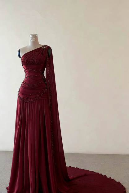 Classy Sheath One Shoulder Pink Long Chiffon Evening Gown Prom Dresses Formal Gowns AB525