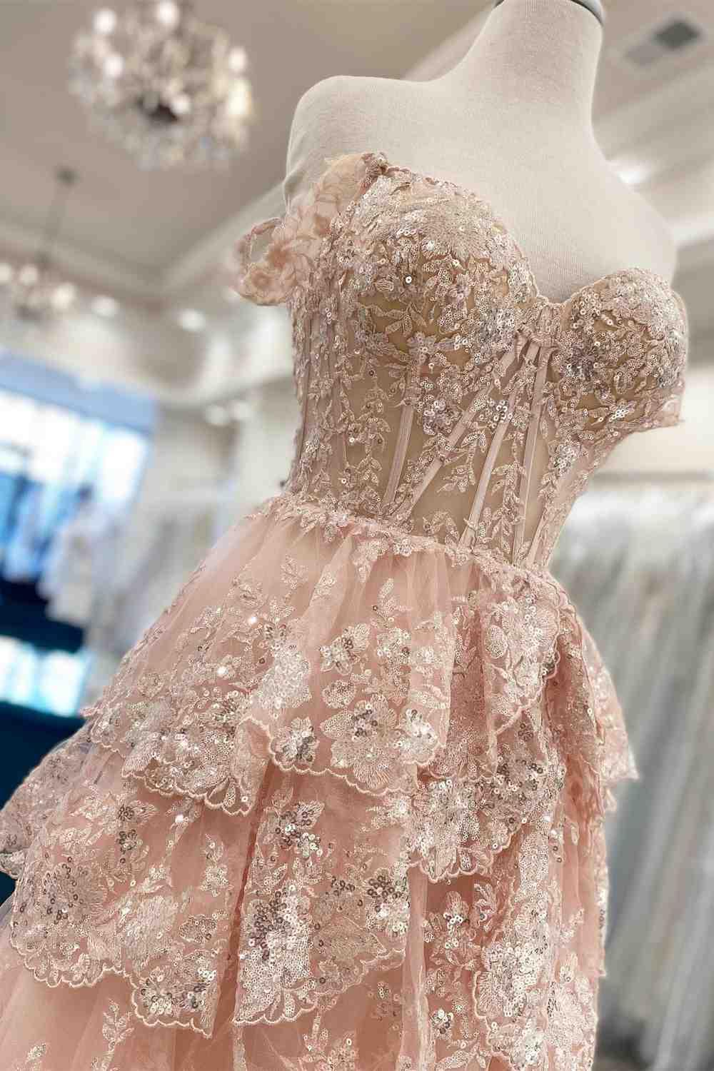 Modest A line Straps Pink Lace Sparkle Prom Dresses Inspo Long Tiered Evening Party Gowns Vestidos De Dia AB538