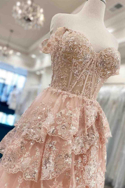Modest A line Straps Pink Lace Sparkle Prom Dresses Inspo Long Tiered Evening Party Gowns Vestidos De Dia AB538