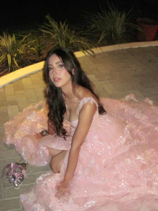 Modest A line Straps Pink Lace Sparkle Prom Dresses Inspo Long Tiered Evening Party Gowns Vestidos De Dia AB538