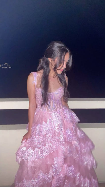 Modest A line Straps Pink Lace Sparkle Prom Dresses Inspo Long Tiered Evening Party Gowns Vestidos De Dia AB538
