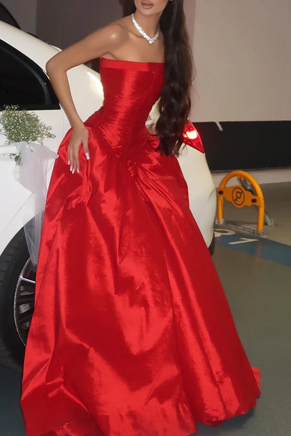 Princess A Line Strapless Red Long Party Dress with Ruffles Vestidos De Dia AB540