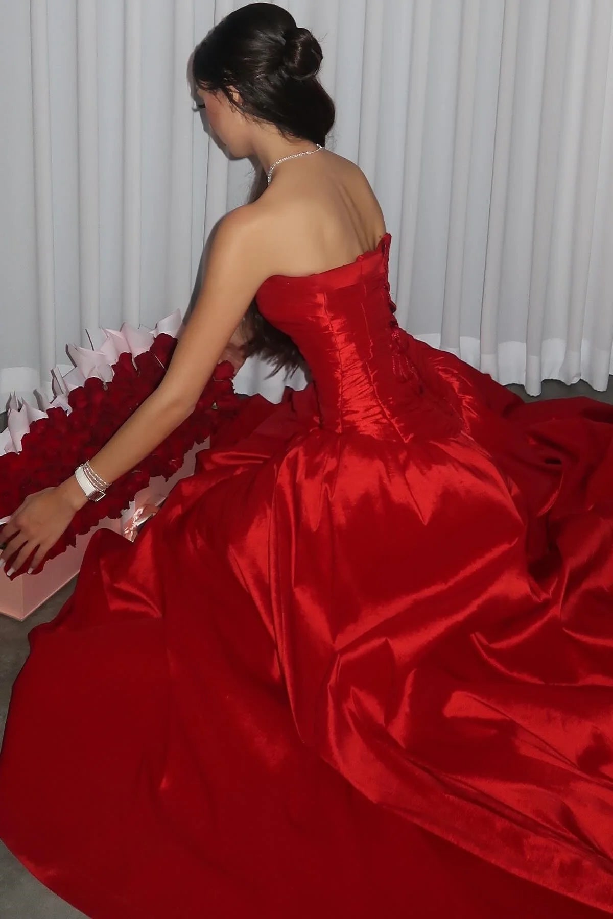 Princess A Line Strapless Red Long Party Dress with Ruffles Vestidos De Dia AB540