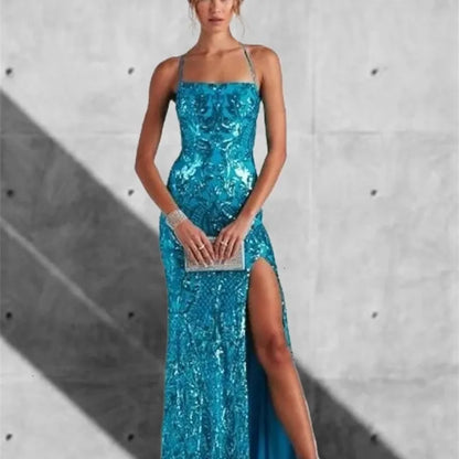 Classy Tiffany Blue Sequins Dress Formal Mermaid Prom Outfit Weddings Long Party Dresses AB549