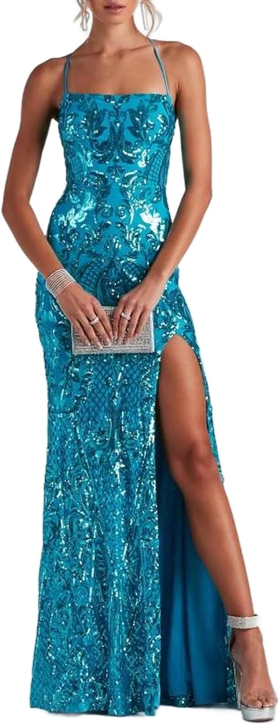 Classy Tiffany Blue Sequins Dress Formal Mermaid Prom Outfit Weddings Long Party Dresses AB549