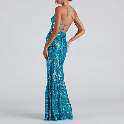 Classy Tiffany Blue Sequins Dress Formal Mermaid Prom Outfit Weddings Long Party Dresses AB549