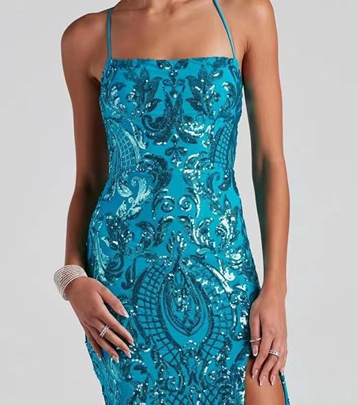 Classy Tiffany Blue Sequins Dress Formal Mermaid Prom Outfit Weddings Long Party Dresses AB549