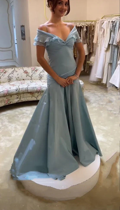 Elegant Mermaid Off The Shoulder Blue Chiffon Long Prom Dresses Evening Gowns Vestidos De Dia AB579