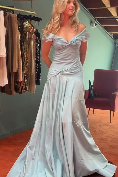 Elegant Mermaid Off The Shoulder Blue Chiffon Long Prom Dresses Evening Gowns Vestidos De Dia AB579