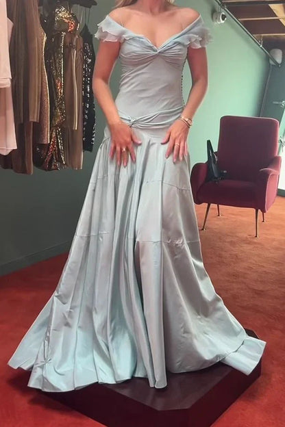 Elegant Mermaid Off The Shoulder Blue Chiffon Long Prom Dresses Evening Gowns Vestidos De Dia AB579