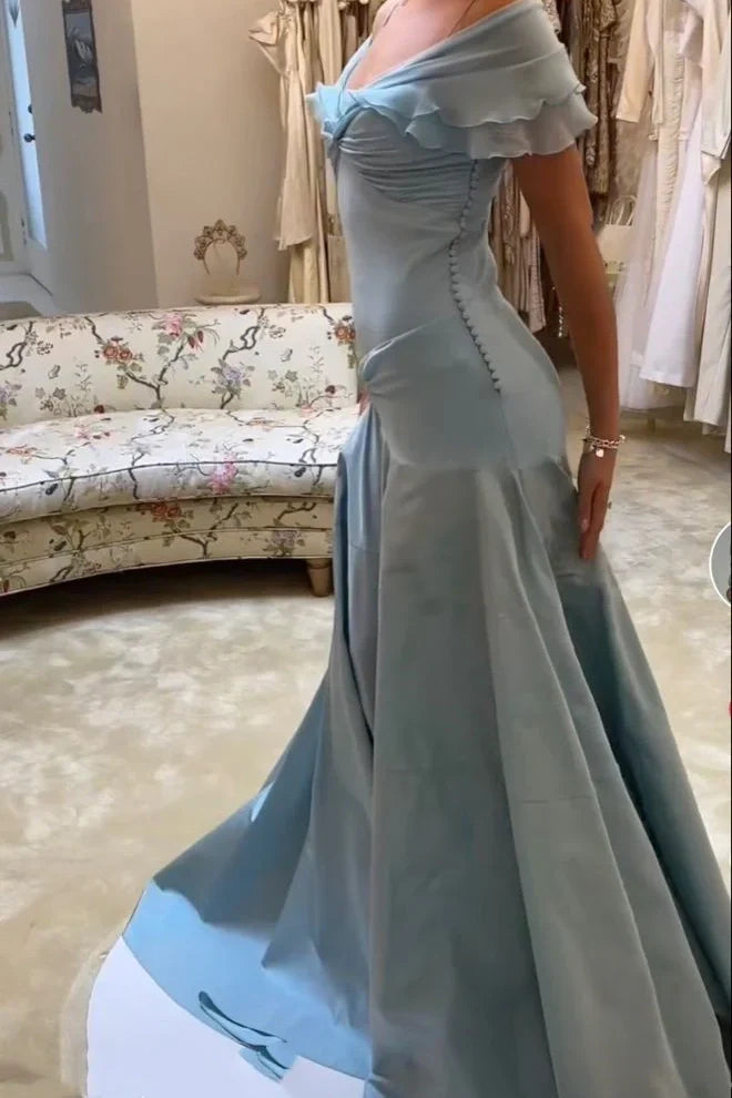 Elegant Mermaid Off The Shoulder Blue Chiffon Long Prom Dresses Evening Gowns Vestidos De Dia AB579