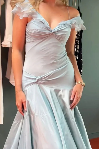 Elegant Mermaid Off The Shoulder Blue Chiffon Long Prom Dresses Evening Gowns Vestidos De Dia AB579