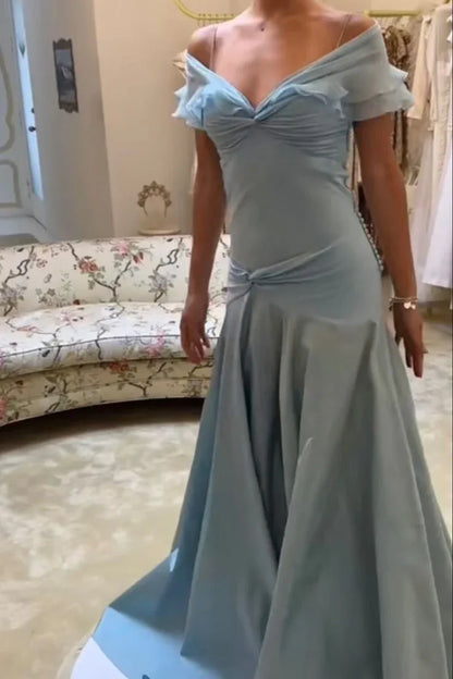 Elegant Mermaid Off The Shoulder Blue Chiffon Long Prom Dresses Evening Gowns Vestidos De Dia AB579