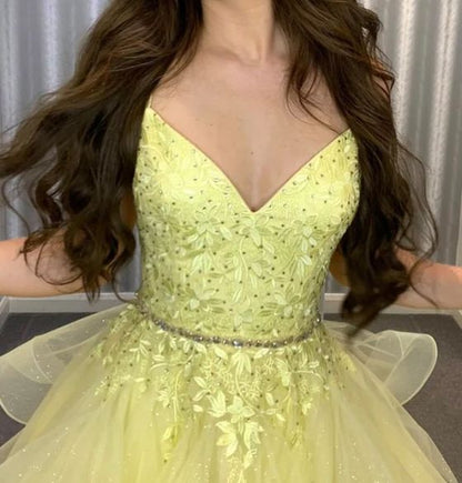 Elegant Ball Gown Spaghetti Straps Yellow Lace Long Tulle Prom Dresses Vestidos De Dia AB584