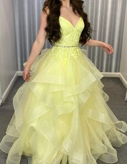 Elegant Ball Gown Spaghetti Straps Yellow Lace Long Tulle Prom Dresses Vestidos De Dia AB584