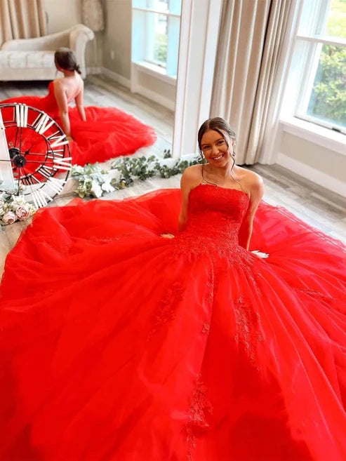 Unique Ball Gown Sweetheart Yellow Tulle with Lace Applique Evening Dresses Long Prom Dress AB596